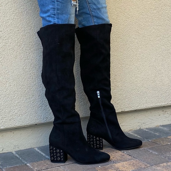 Black Studded Edgy Chunky Kitten Heel OTK Boots - Picture 4 of 8